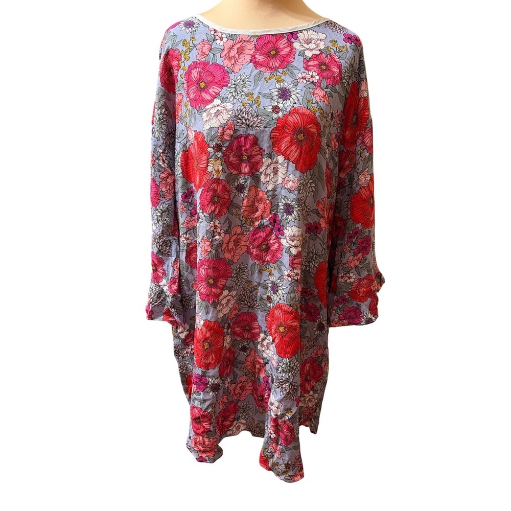 Kensie S Red Floral Poppy Tunic Dress Gray Drawstring Boho Long Sleeve